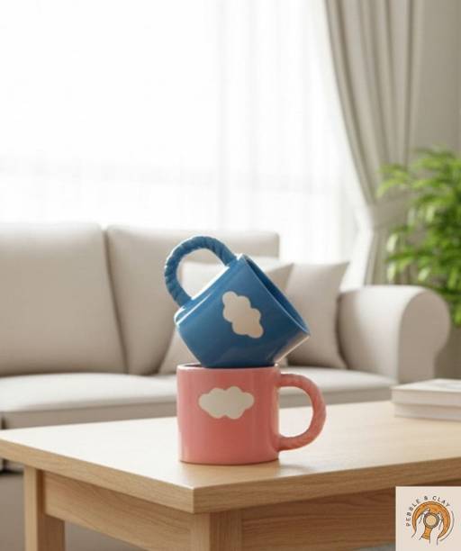 PebbleandClay Handcrafted Cloud Coffee Set | Blue & Pink | Capacity - 250ml | H -3 Inch | Ceramic Coffee Mug