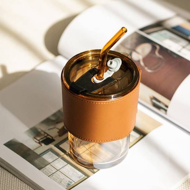 Coozico Leather Grip Coffee Cup Sipper Glass with Straw Grip Glass Mason Jar