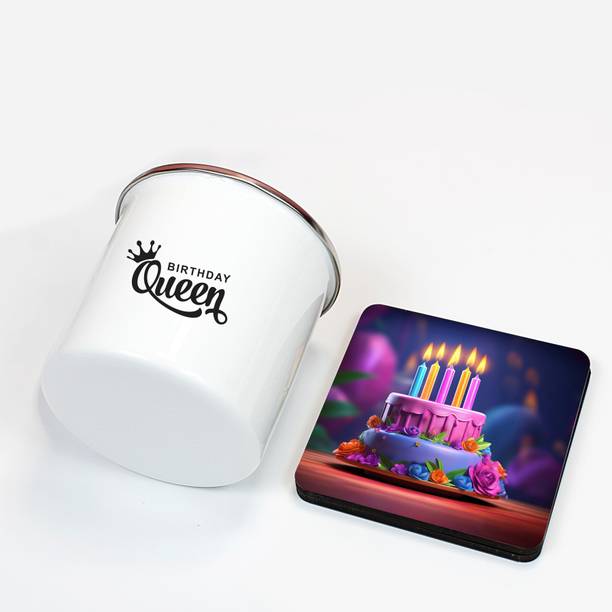 SMIZE Birthday Queen Printed Steel Enamel With Coaster Gift For Daughter Wife Mother Stainless Steel Coffee Mug