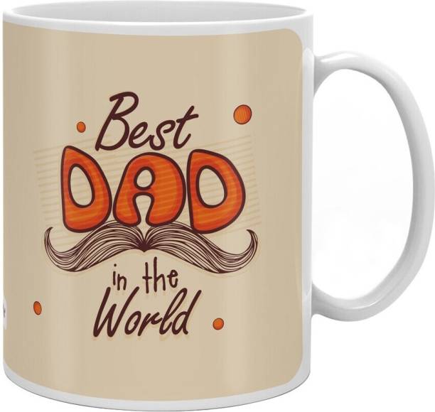 Indigifts Best Dad in The World Quote Father's Moustache Beige Coffee Ceramic 330 ml Ceramic Coffee Mug