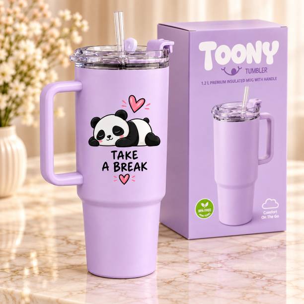 TOONY 1200ML Plastic Tumbler Cute Panda Printed with Straw Reusable Cup Plastic Tumbler