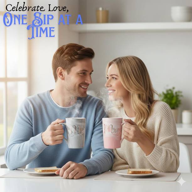 MOOKA Mr & Mrs Ceramic Coffee Set with Golden Spoon Marble Design Couple Gift Ceramic Coffee Mug