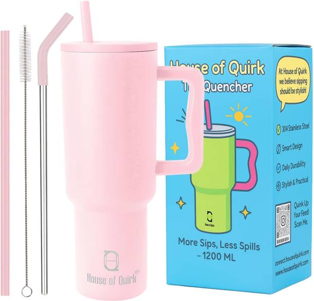 HOUSE OF QUIRK Stainless Steel Vacuum Double Insulated Tumbler with Handle and Straw 1200ML Stainless Steel Tumbler