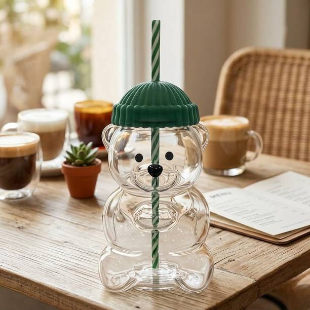 Krishna Creation Teddy Bear Drinking Glass with Lid & Straw Cute Water Cup Glass Beer Mug