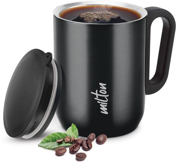 MILTON Erin Coffee 250 Double Walled Coffee 240ml Inner Steel & Lid, Black Stainless Steel Coffee Mug