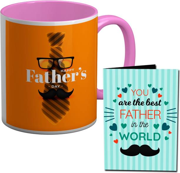TrendoPrint FD07 Father's Day Gift Hampers Pink Cup with Greeting Card Gift for Dad Ceramic Coffee Mug