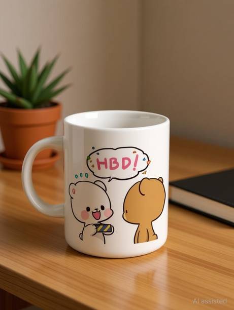 Yashukraft Cute Peach Goma ( Birthday gift ) Ceramic Coffee mug 325ml Ceramic Coffee Mug
