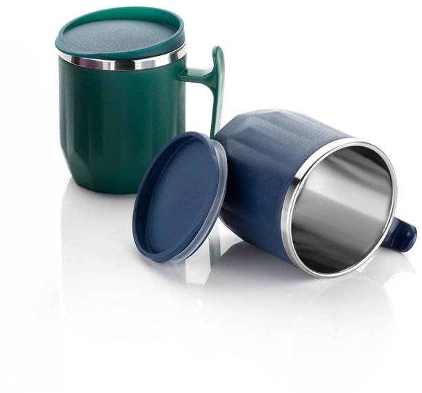 MAGICSPOON Stainless Steel Coffee with Lid (300 ml) (Pack of 2) (Navy Blue, Green) Stainless Steel Coffee Mug