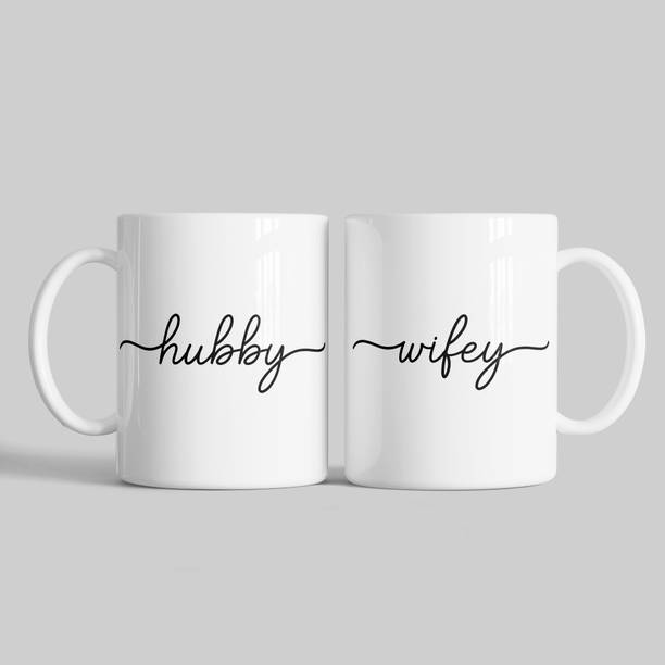 Kanak traders Hubby Wifey Printed Ceramic Coffee Set (350 ML) | Couple Teas Ceramic Coffee Mug