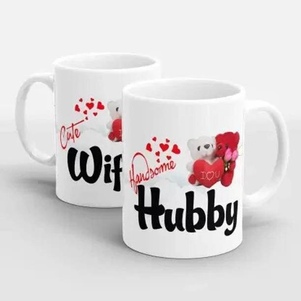 AMAR CREATION Hubby Wifiy Printed Tea & Coffee 350ml Ceramic for Couple's Ceramic Coffee Mug