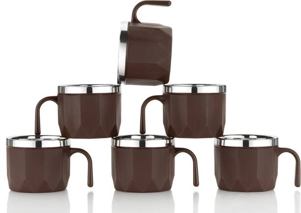 MAGICSPOON Stainless Steel, Plastic Tea Cup Set, Coffee Cup (Brown,100ml,Pack of 6) Stainless Steel Coffee Mug