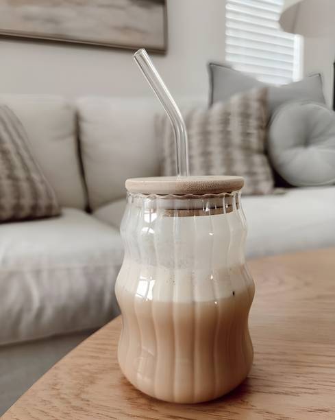 BFAAST Luxury Borosilicate Wave Tumbler With Lid And colourfull Straw Glass Coffee Mug