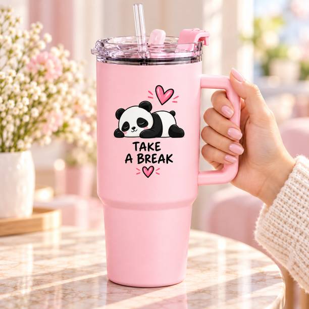 TOONY Cute Panda Printed Plastic Tumbler with Lid & Straw| (1200 ml) Plastic Tumbler