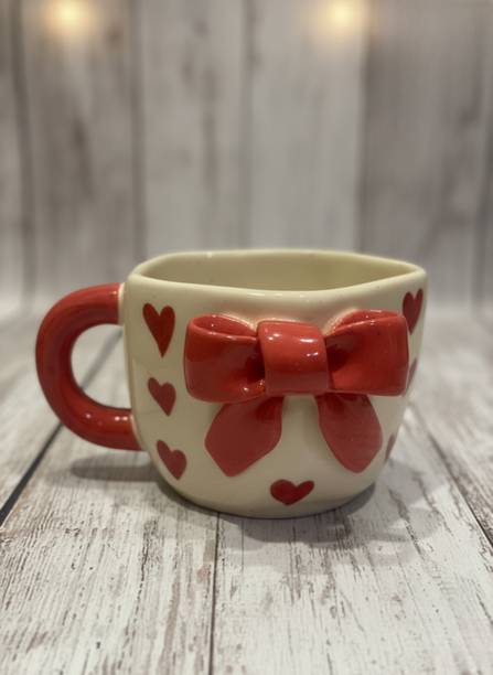 Kalakosh Enterprises Handcrafted Ceramic Coffee/Tea with adorable Red Heart & Bow Design Ceramic Coffee Mug