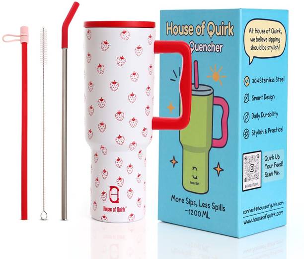 HOUSE OF QUIRK 1200ML Stainless Steel Tumbler Hot and Cold with Handle and Lid 2 Straw Stainless Steel Tumbler