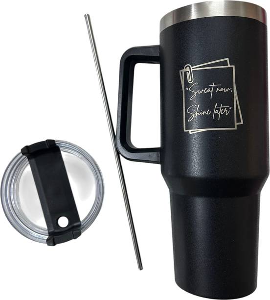लग्जरबे Mug with Lid and Straw 1.2L Quote Printed स्टेनलेस स्टील मग