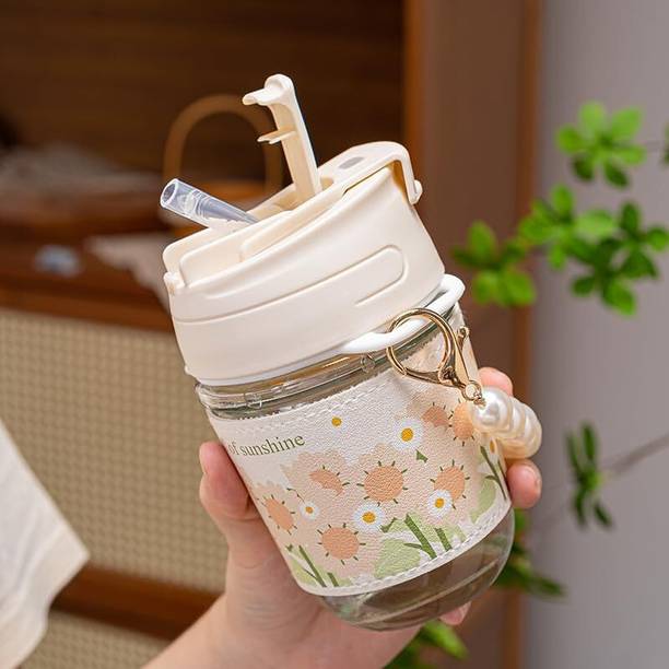 Adhunyk Glass Coffee Mugs With Pearl Chain Belt & Sleeve|Double Drink Straw and Lids 350 ml Sipper
