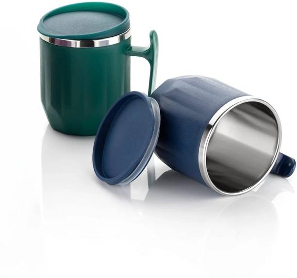 MAGICSPOON Stainless Steel Coffee with Lid (300 ml) (Pack of 2) (Navy Blue, Green) Stainless Steel Coffee Mug