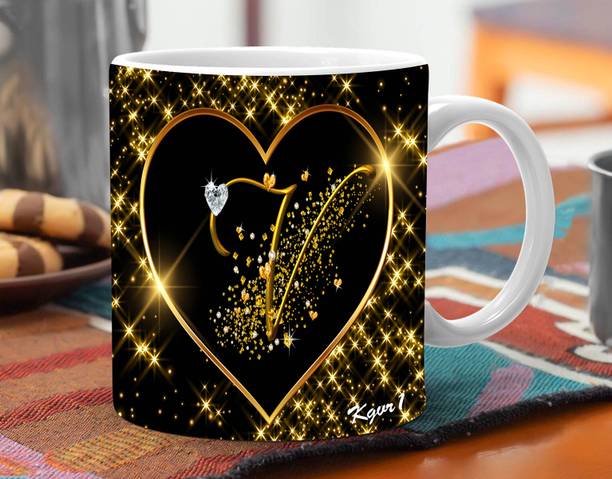 Kgvr1 "Letter V With Star Black"Best Gift For Him And Her A True Love|Printed Ceramic Coffee Mug