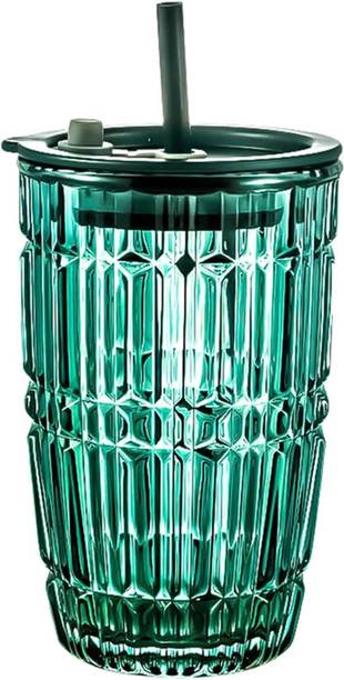 TAAKSHVEE Tumbler with Lid & Straw Pack of 1, Drinking Glass Cup Crystal (Dark Green) Glass Tumbler