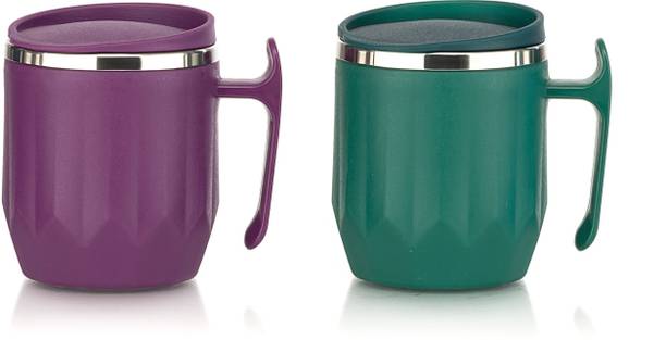 मैजिक स्पून Stainless Steel Coffee with Lid (300 ml) (Pack of 2) (Green, Maroon) स्टेनलेस स्टील मग