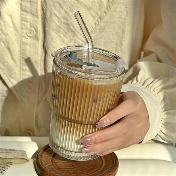 fielrop Glass Water Tumbler with Straw and Lid Set of 1, 400ml Glass Tumbler