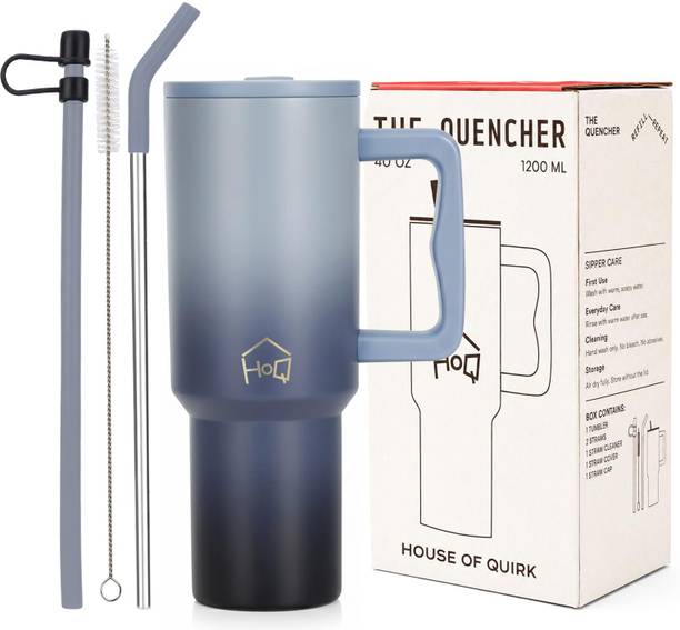 HOUSE OF QUIRK 1200ML Stainless Steel Tumbler with Handle & Lid, 2 Straws -Stone Wash Stainless Steel Tumbler