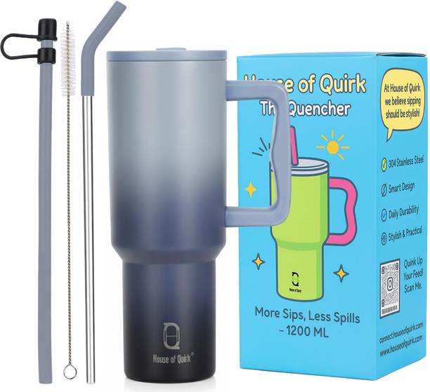 HOUSE OF QUIRK 1200ML Stainless Steel Tumbler with Handle & Lid, 2 Straws -Stone Wash Stainless Steel Tumbler
