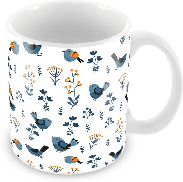 Tuelip Beautiful Seamless Bird Pattern White Color Cup for Tea And Coffee Ceramic Printed (350 ML) Ceramic Coffee Mug