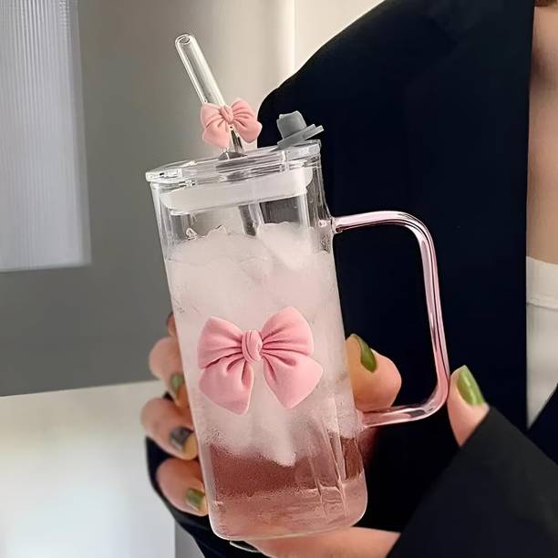 FUNKYFINDS Cute Pink Bow Glass Tumbler with Handle & Lid Glass Stylish Travel for Girls Glass Coffee Mug