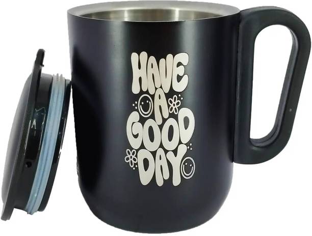 Yes kitchen DOUBLE WALL TEA/COFFEE MUG WITH CAP BLACK Stainless Steel Coffee Mug