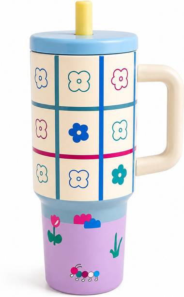 Brisk Cute Floral Straw Tumbler with Handle | Aesthetic Travel 900ML Stainless Steel Tumbler