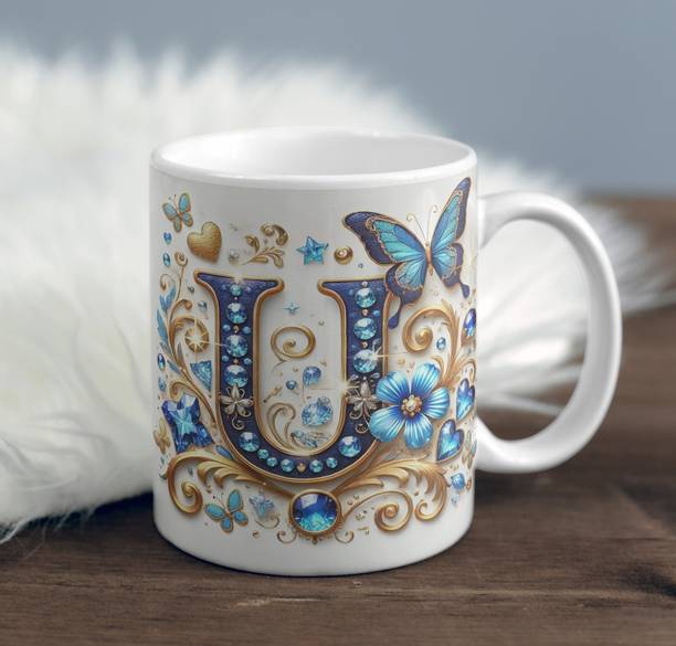 NAKSH ENTERPRISE Beautiful Alphabet Letter,Blue Butterfly Design Coffee Cup[No-150] Ceramic Coffee Mug