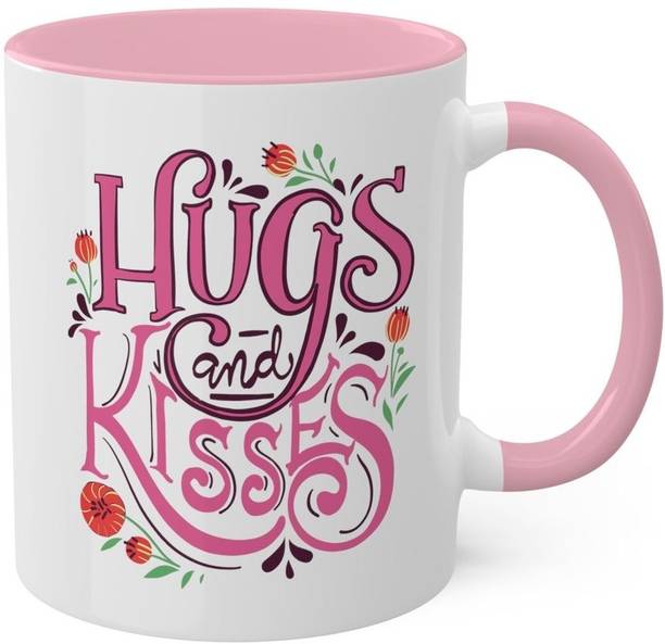 craft maniacs VALENTINES HUGS KISS PINK RIM MUG PRINTED 330 ML MUG FOR LOVERS Ceramic Coffee Mug