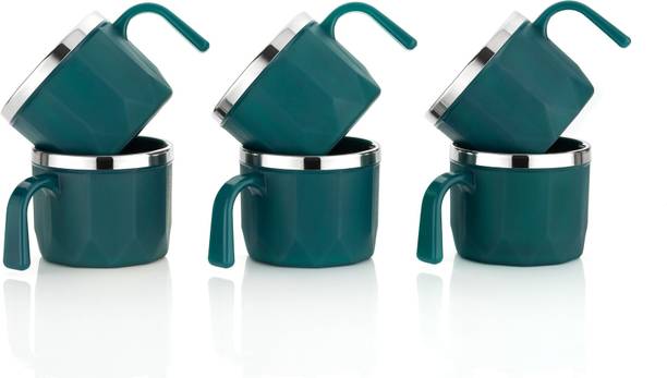MAGICSPOON New Stainless Steel, Plastic Tea Cup Set, Coffee Cup (Green,100ml,Pack of 6) Stainless Steel Coffee Mug