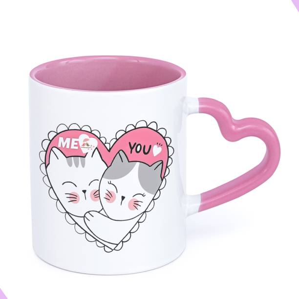 cranesflock couple print , cute gift for girlfriend, wife, anniversary (Pink Heart Handle) Ceramic Coffee Mug