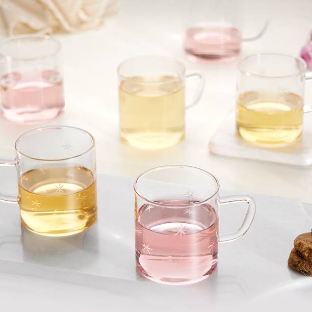 BOROSIL Vision Snowflake Cut Design 6pc Tea/Coffee 190ml Classic Set, Lightweight Glass Coffee Mug