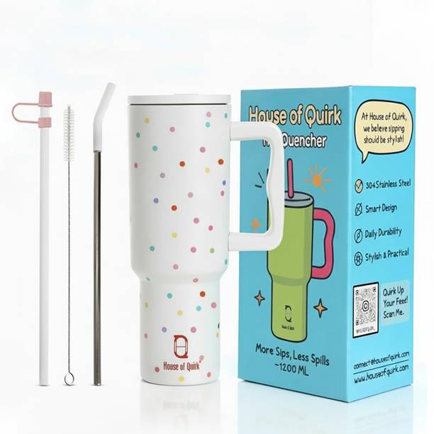 HOUSE OF QUIRK 1200ML Stainless Steel Tumbler Hot and Cold with Handle and Lid 2 Straw-Cream Stainless Steel Tumbler