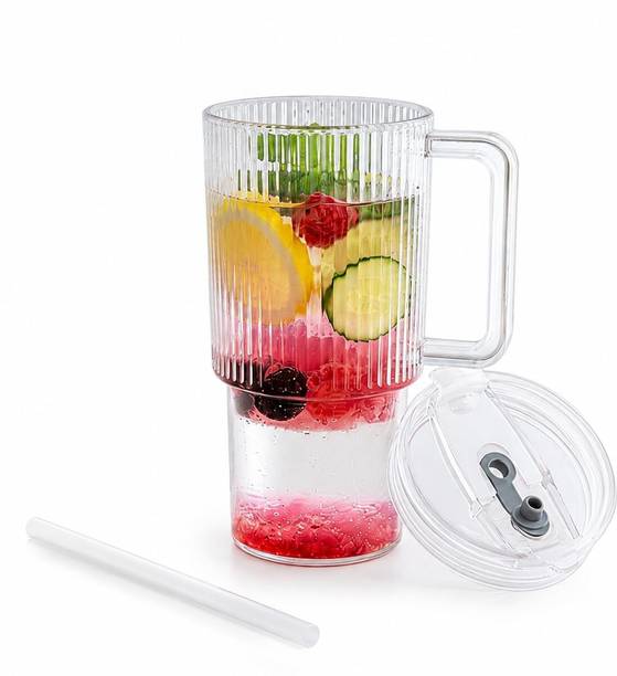 DIMAZOFLY Ribbed Plastic Tumbler with Handle, Lid & Straw Plastic Beer Mug