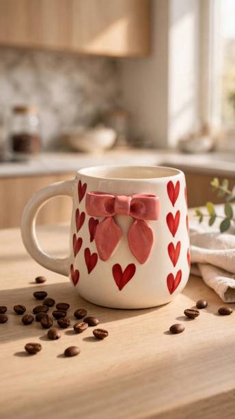 ZaoWuStudio Heart with 3D Pink Bow handmade Cute Ceramic Coffee Mug