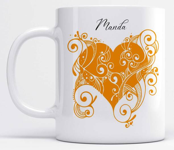 LOROFY Name Manda Printed Orange Heart Design Ceramic Coffee Mug