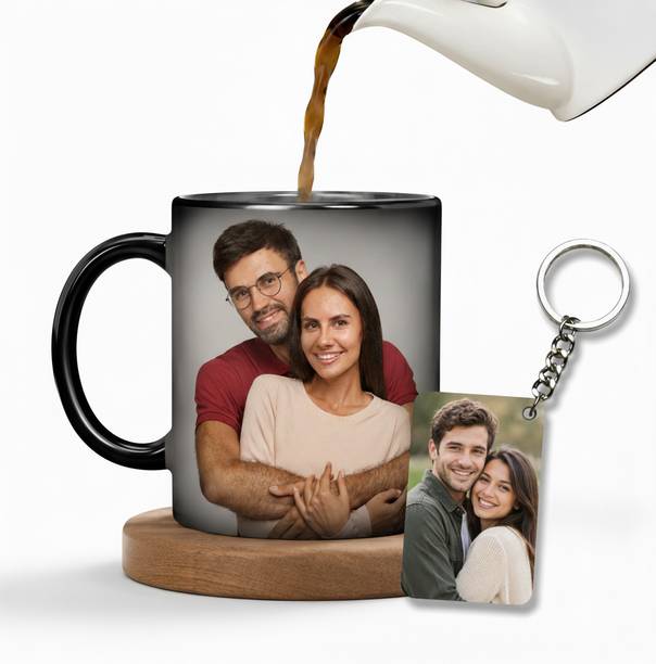 HAPPY GIFT GALLERY Customised Magic Coffee Cup or Acrilic Photo Keychain With Combo Pack Ceramic Coffee Mug