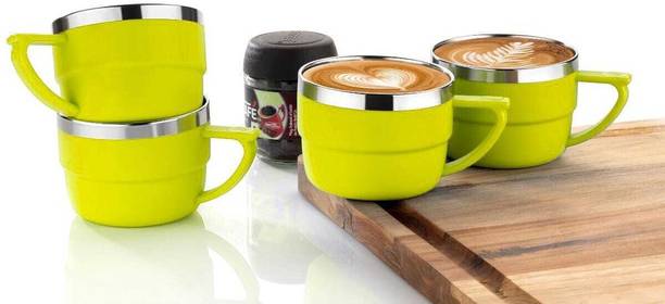 MAGICSPOON New Stainless Steel, Plastic Tea Cup Set, Coffee Cup (Yellow, 200ml, Pack of 4) Stainless Steel Coffee Mug