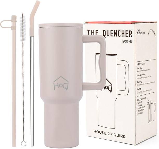 HOUSE OF QUIRK 1200ML Stainless Steel Tumbler Hot and Cold with Handle and Lid 2 Straw Oatmeal Stainless Steel Tumbler