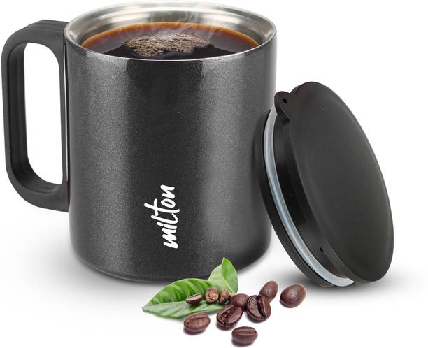 मिल्टन Auriga Double Walled Wide Mouth Stainless Steel with Lid, 210 ml, Black स्टेनलेस स्टील मग