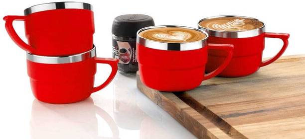 MAGICSPOON New Stainless Steel, Plastic Tea Cup Set, Coffee Cup (Red, 200ml, Pack of 4) Stainless Steel Coffee Mug
