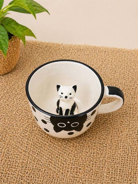 EarthyCraft Cute Cat Inside | 3D Kitty Figurine Surprise Cup with Polka Dots Ceramic Coffee Mug