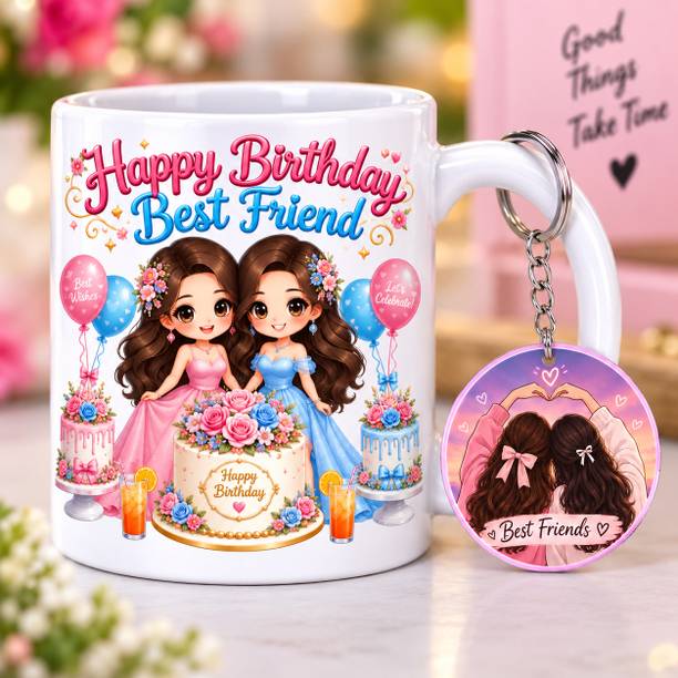Acrebees Happy Birthday Best Friend with Keychain Birthday Gift for Bestie Girls Ceramic Coffee Mug
