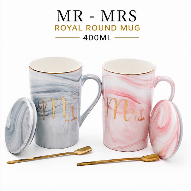 Zumm Essential Mr & Mrs Ceramic Set 400ml with Lid & Spoon Gift for Couples Ceramic Coffee Mug