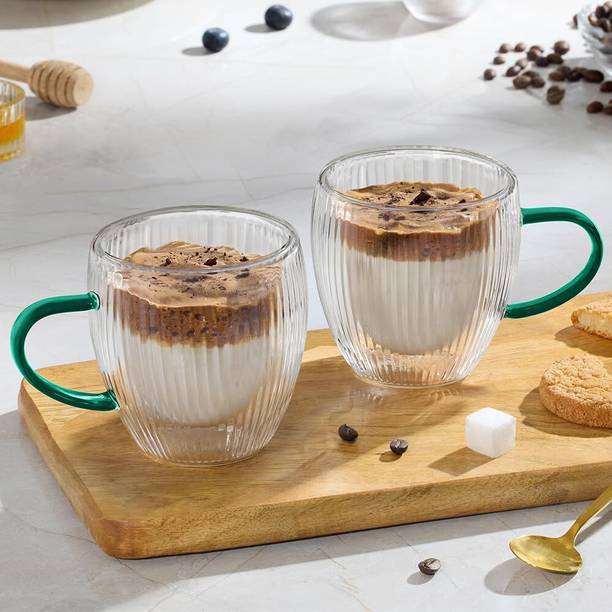 BOROSIL Kara Green 250ml Borosilicate Double Wall Glass Coffee Set of 2 Glass Coffee Mug
